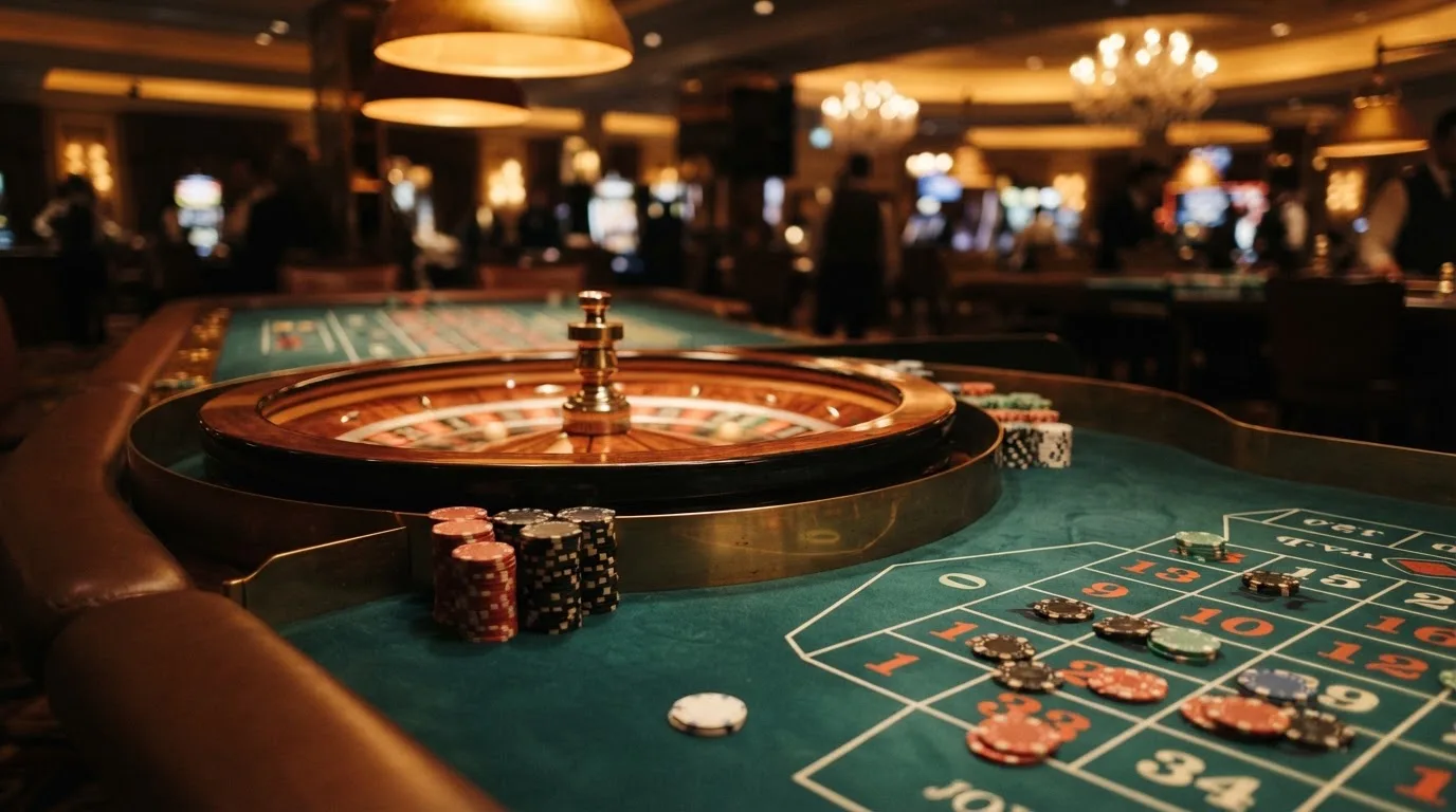 Roulettehjul og spillemærker på grønt filt i varmt aftenlys — anmeldelser af casinoer
