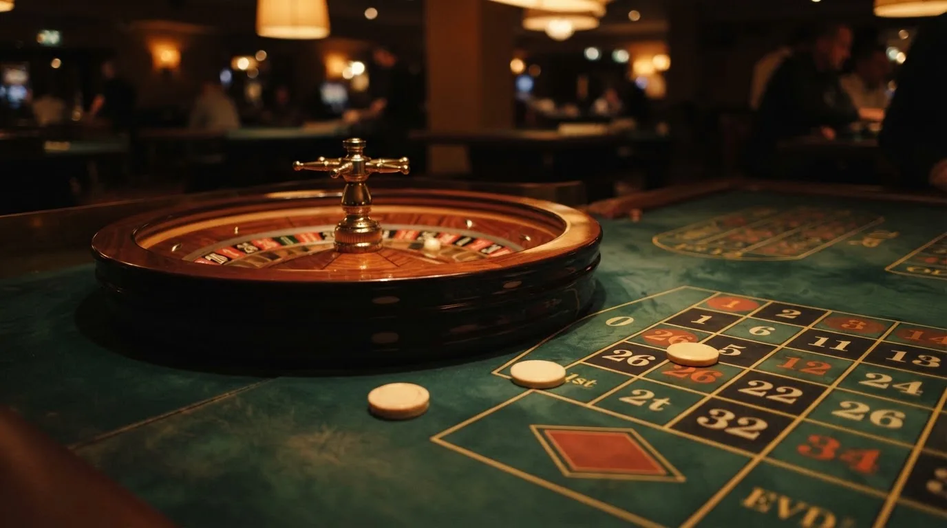 Roulettehjul og spillemærker på grønt filt i varmt aftenlys — bedste blackjack casinoer
