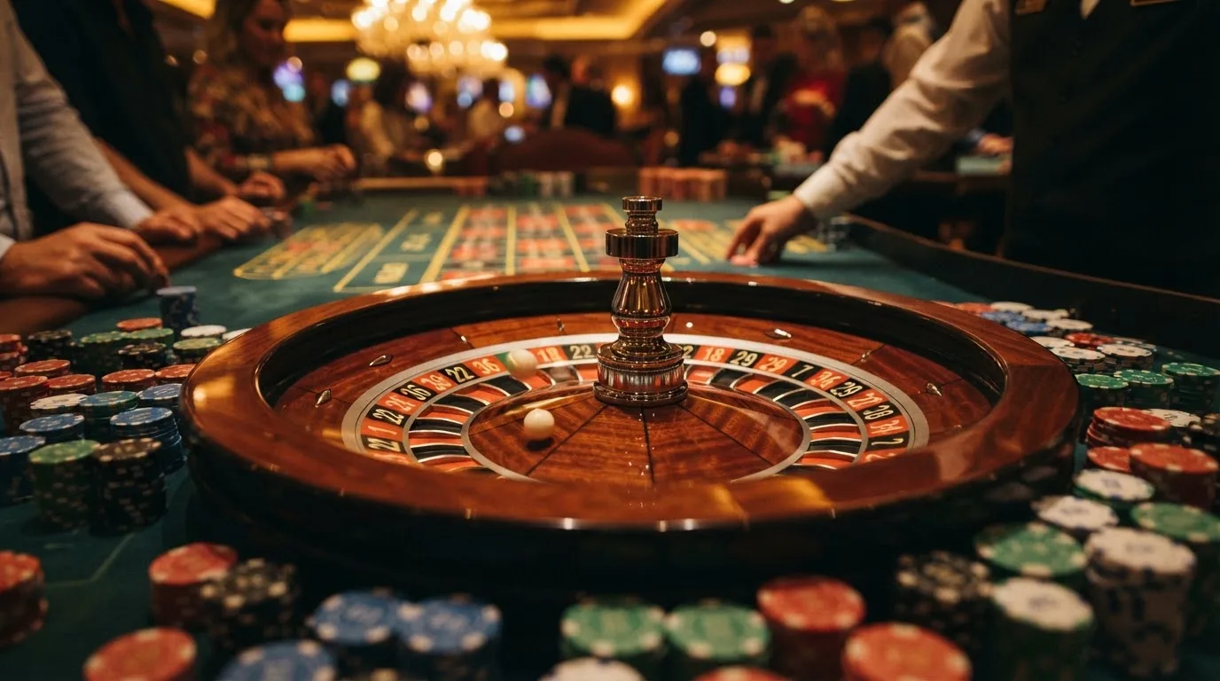 Roulettehjul og spillemærker på grønt filt i varmt aftenlys — bedste blackjack i danmark