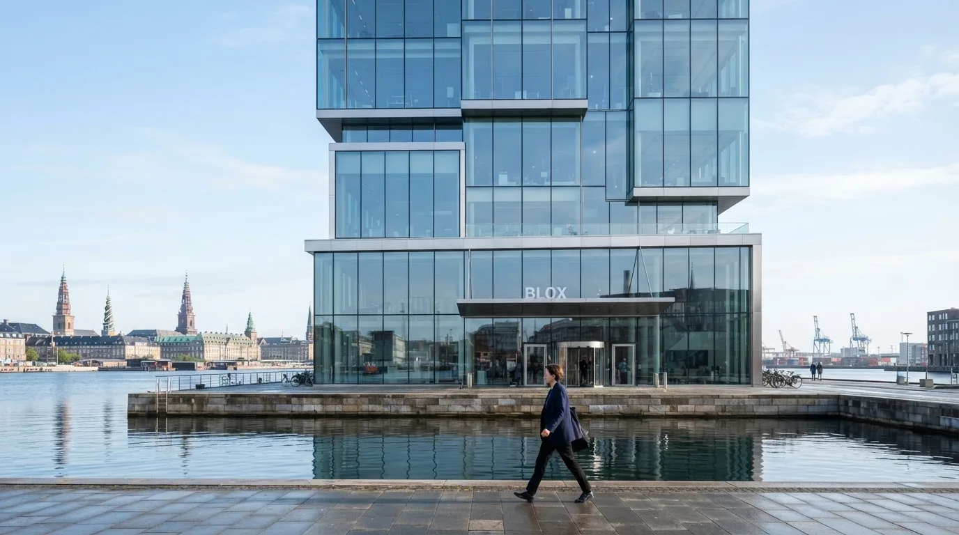 En moderne kontorbygning med glasfacade ved Københavns havn i klart dagslys, med en medarbejder i blazer, der går forbi.