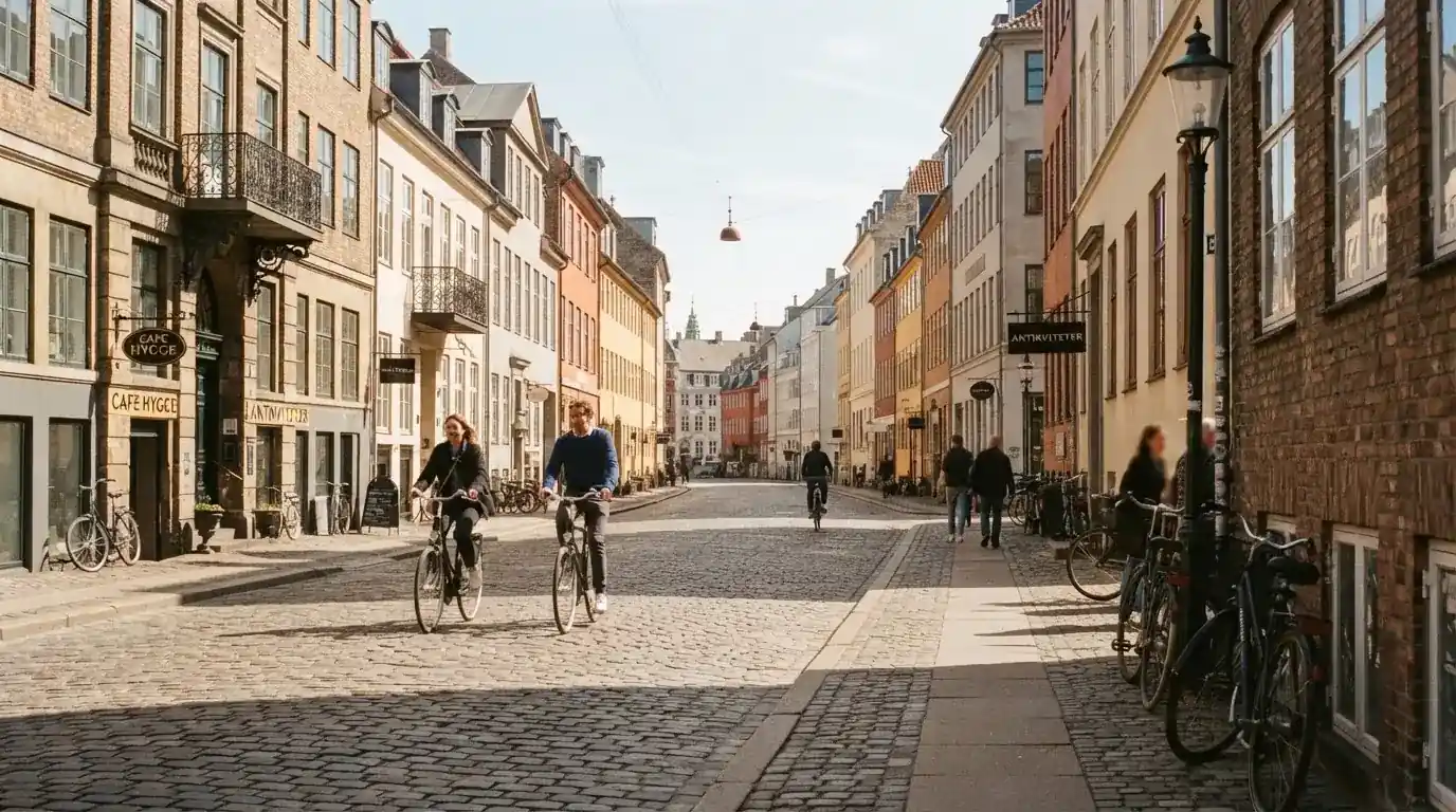 Københavnsk gade med klassiske bygninger og cyklister i klart vejr, set fra fortovet.
