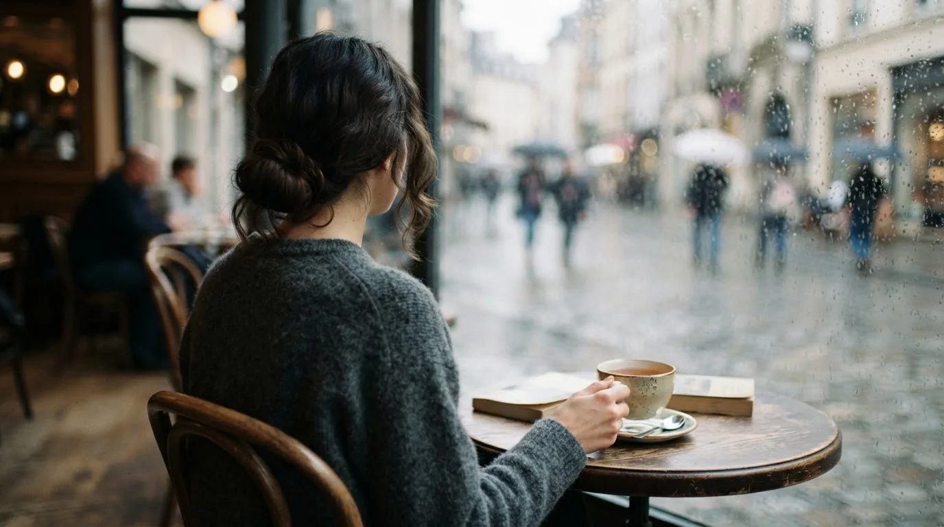 Kvinde sidder på en café med en kop te og kigger tænksomt ud ad vinduet i blødt dagslys.