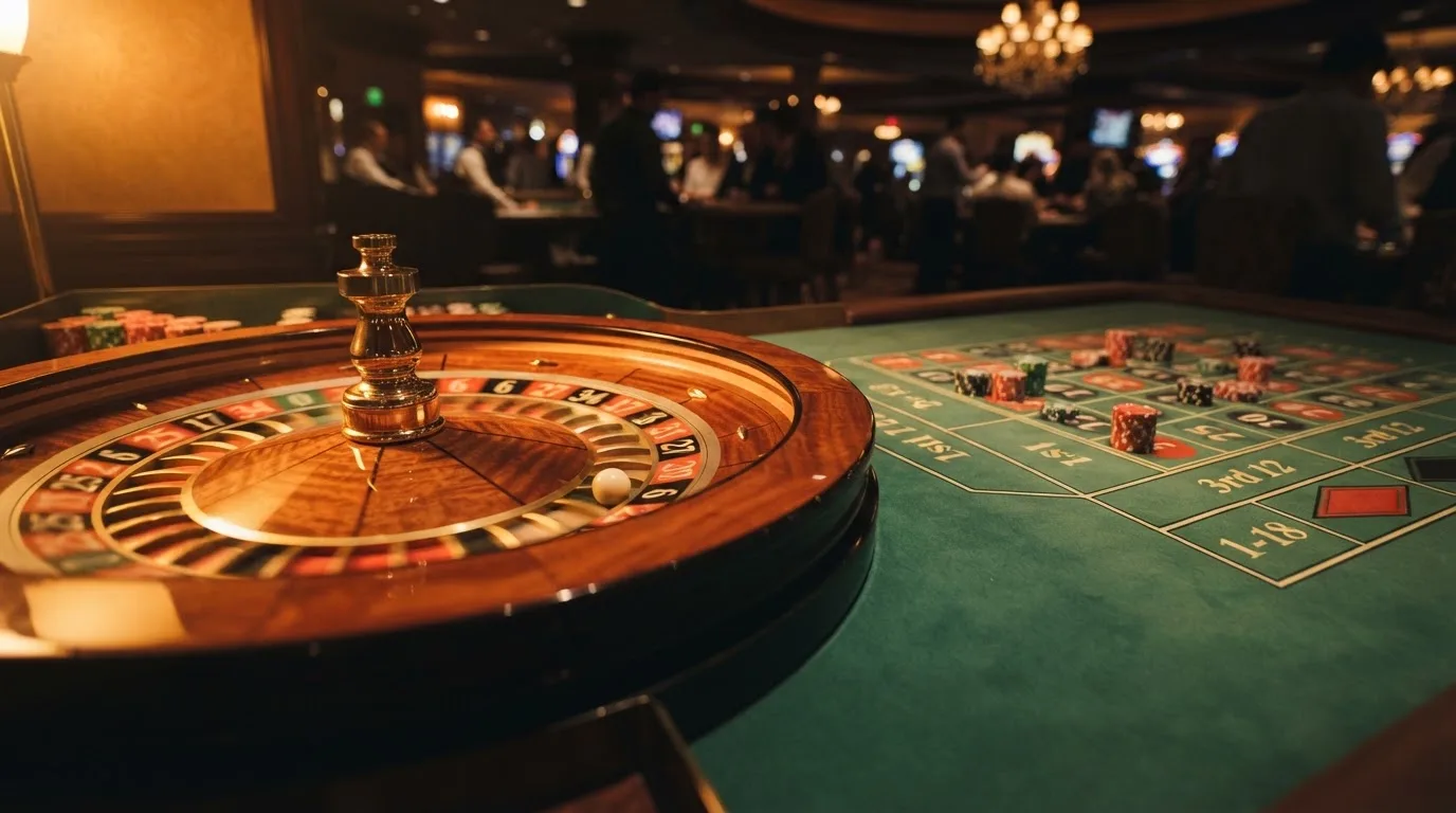 Roulettehjul og spillemærker på grønt filt i varmt aftenlys — bedste roulette casinoer