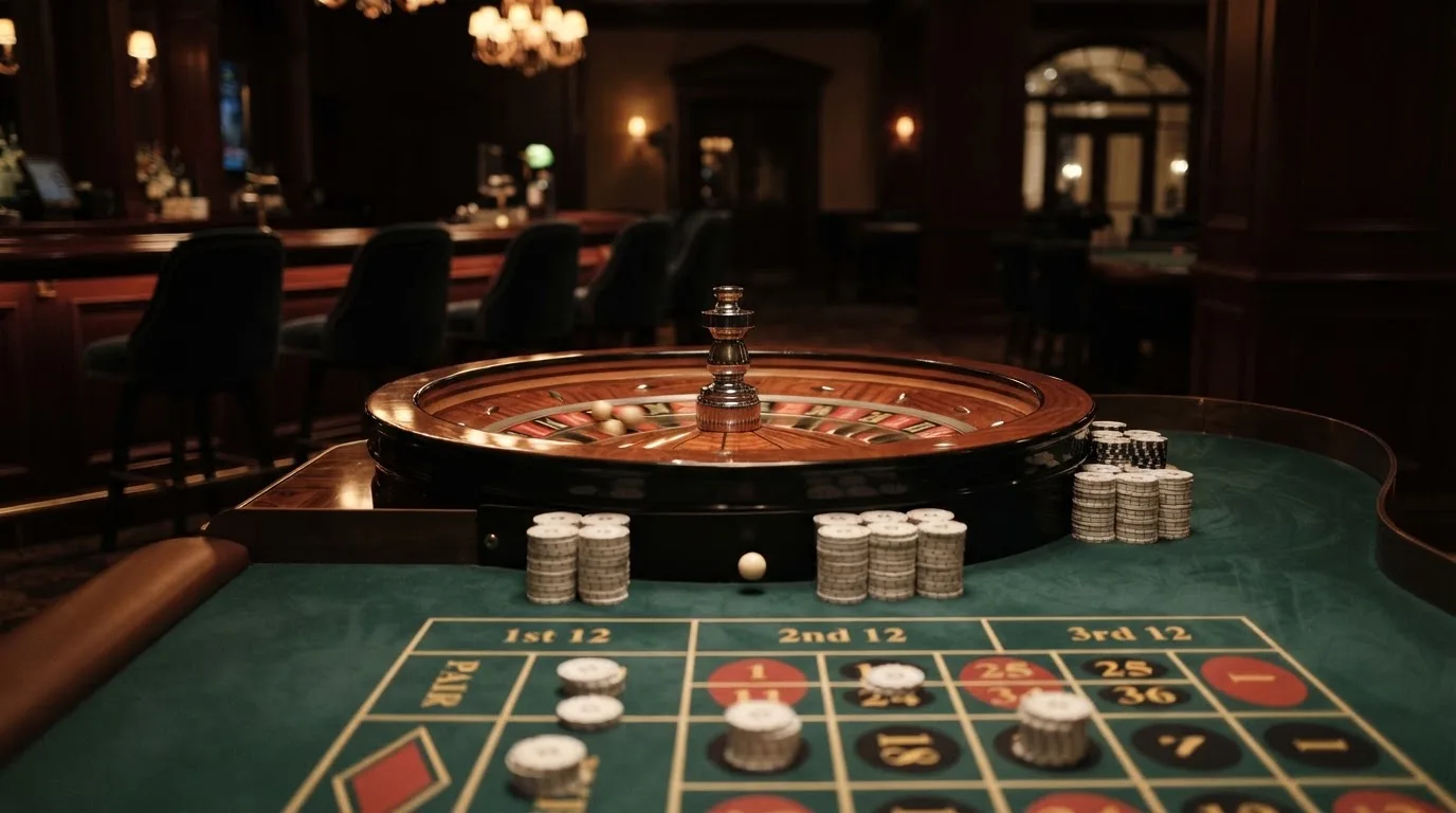 Roulettehjul og spillemærker på grønt filt i varmt aftenlys — bedste slots casinoer