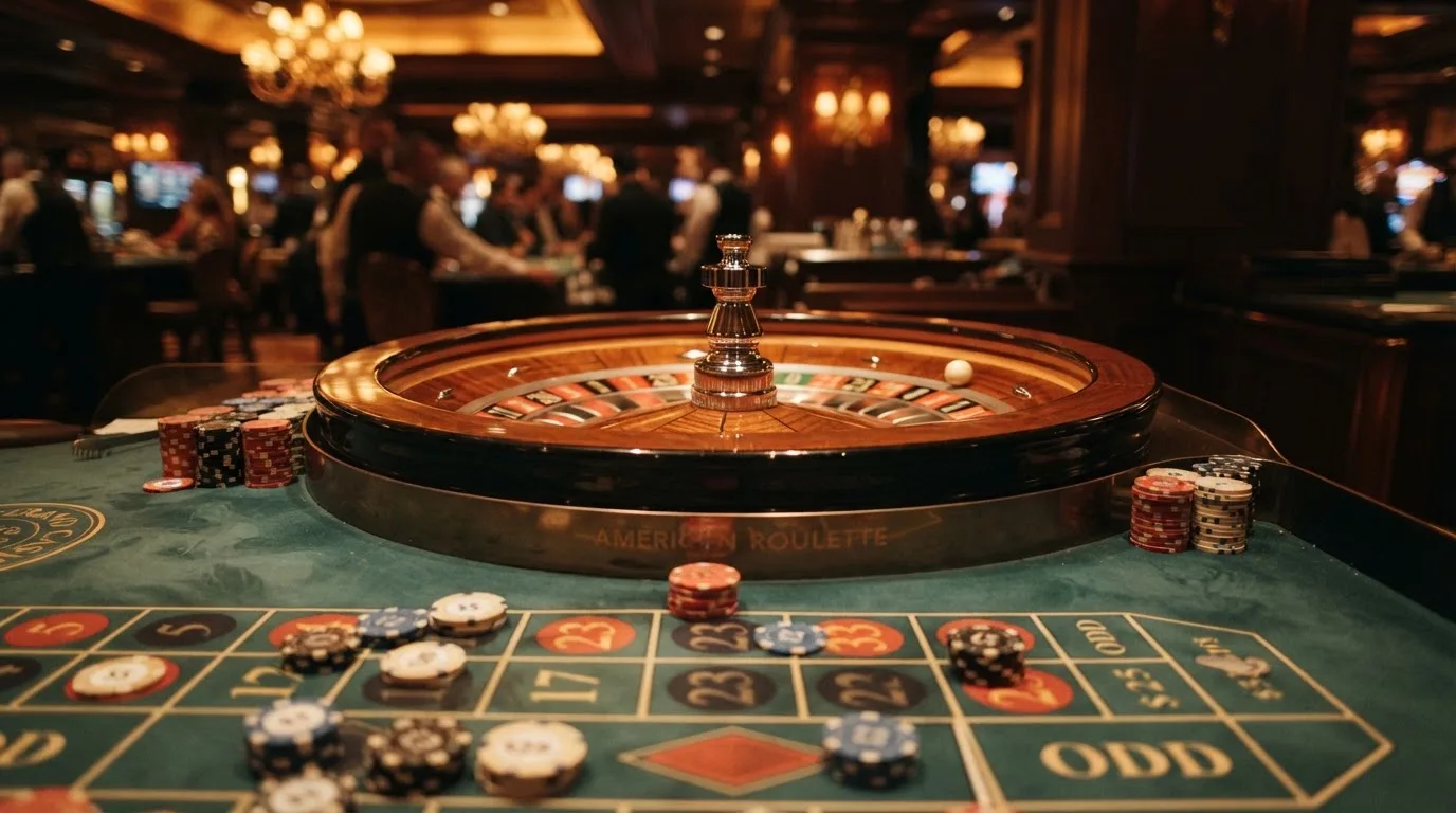 Roulettehjul og spillemærker på grønt filt i varmt aftenlys — casino bonus til eksisterende kunder