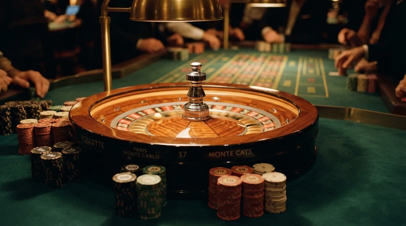 Roulettehjul og spillemærker på grønt filt i varmt aftenlys — casino bonus uden indskud dk