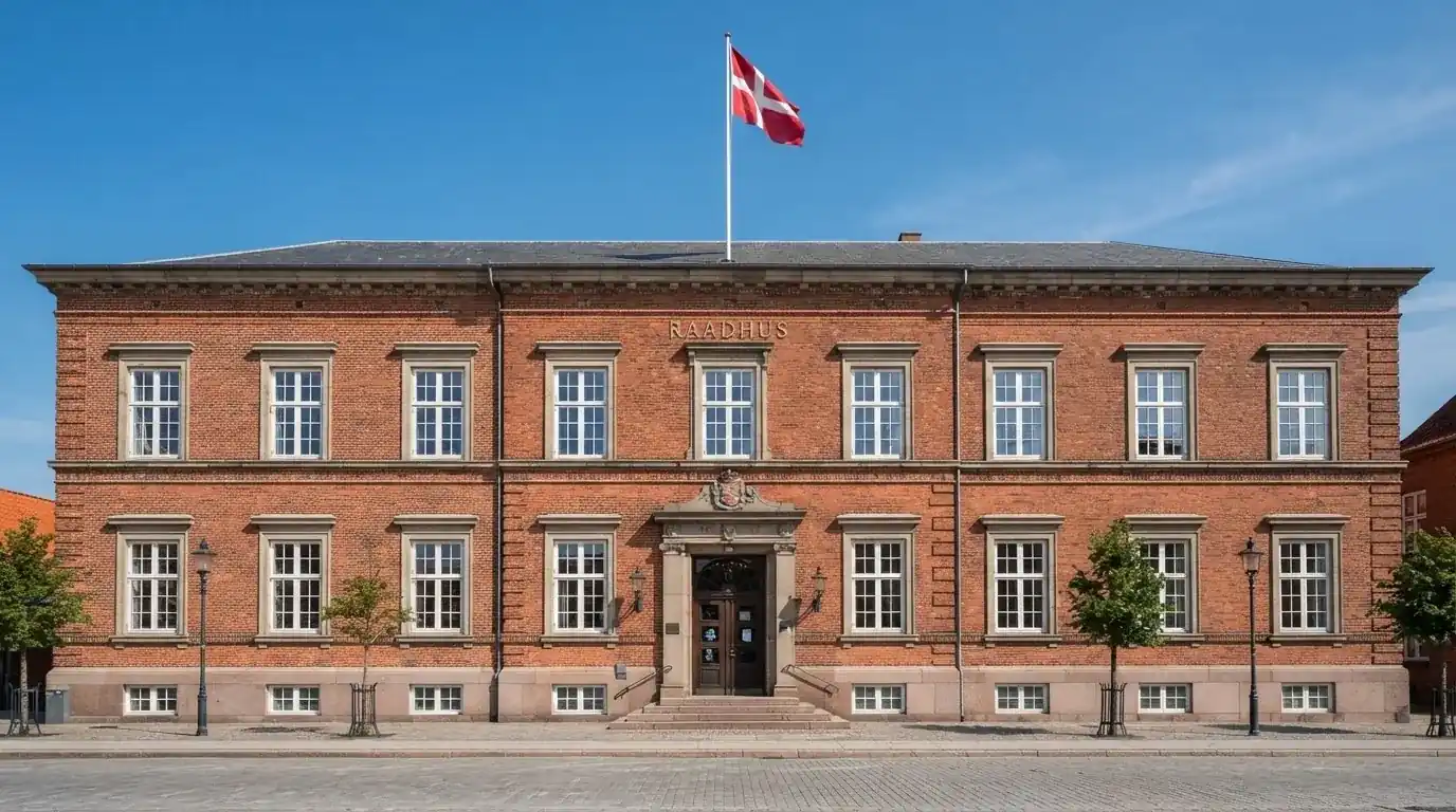 Facade af en klassisk dansk administrationsbygning i røde mursten med flagstang under blå himmel, uden personer.