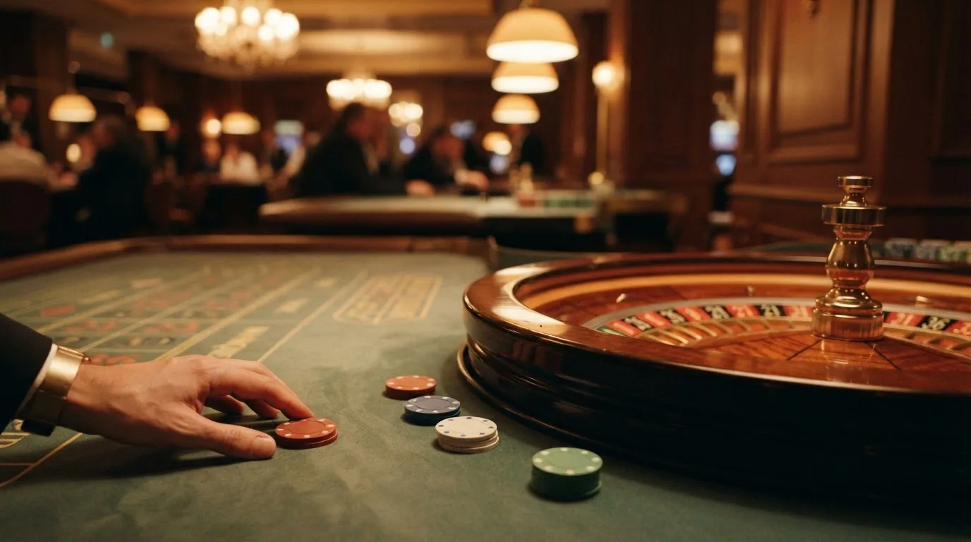 Roulettehjul og spillemærker på grønt filt i varmt aftenlys — casino med cardano i danmark