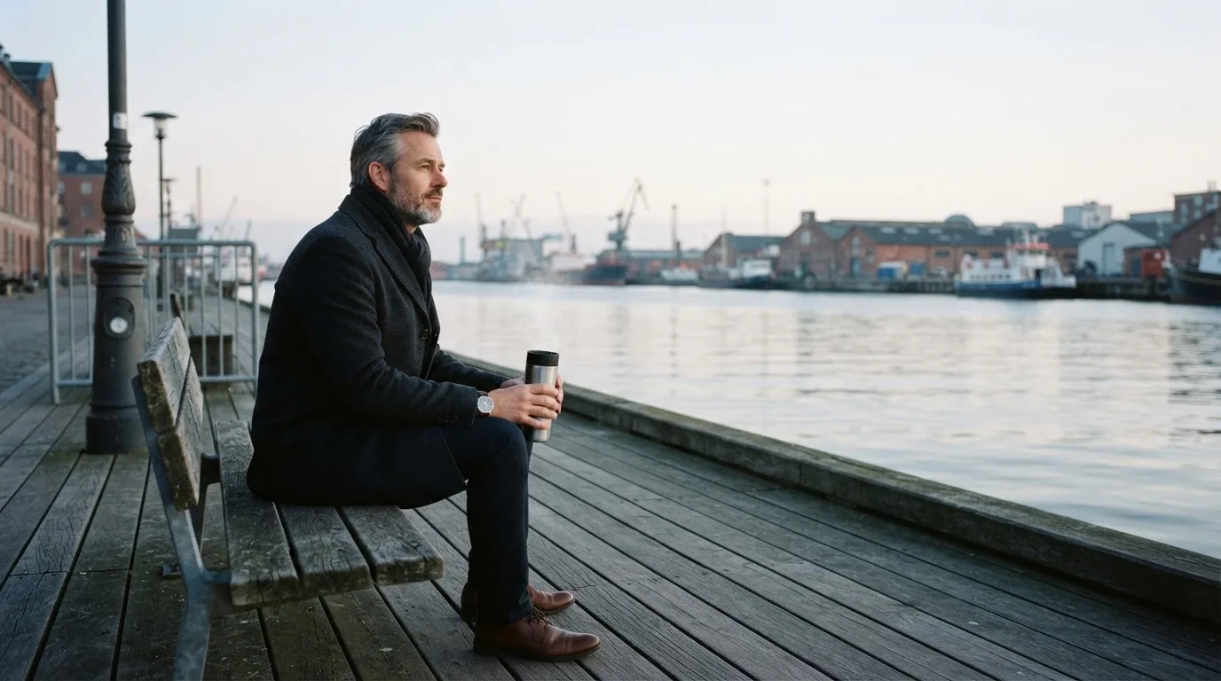 En mand sidder på en bænk ved havnen en tidlig morgen og ser ud over vandet med en termokop i hånden.