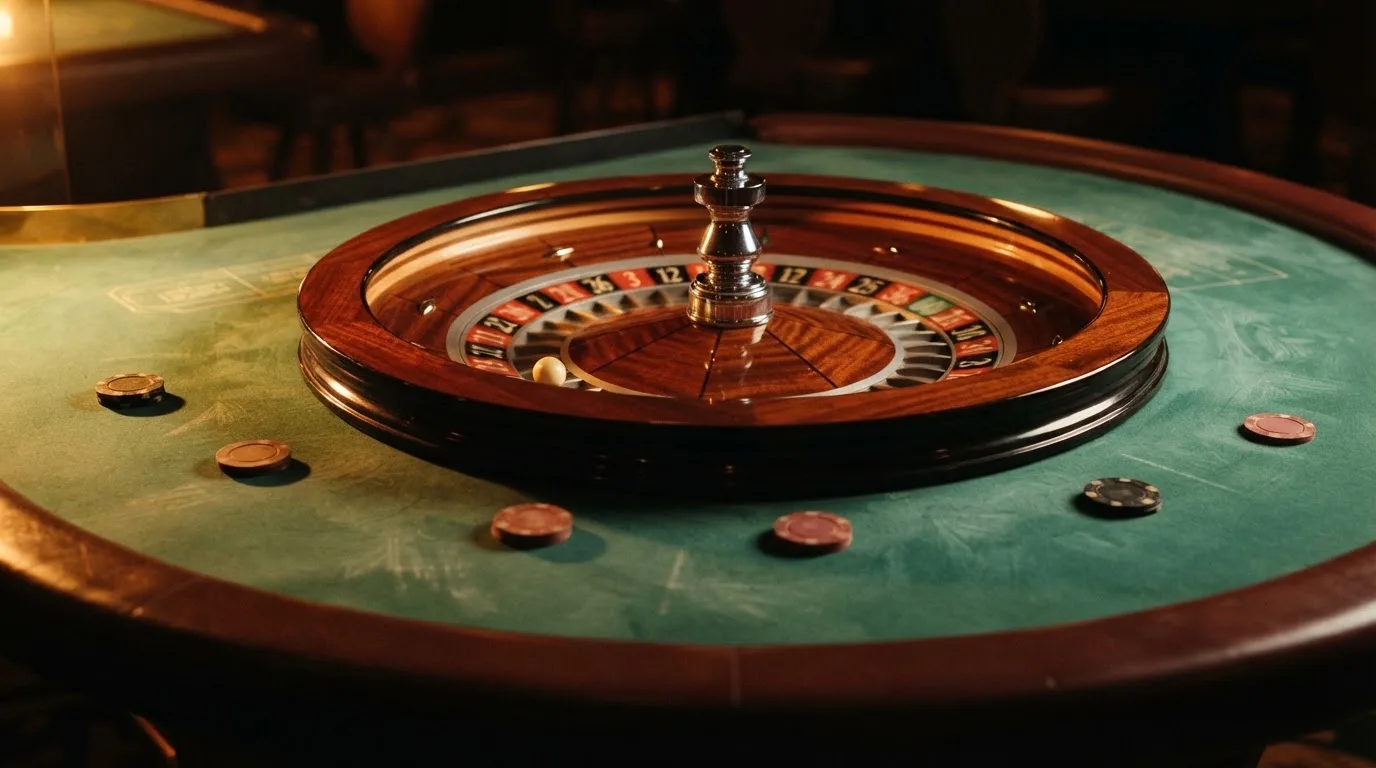 Roulettehjul og spillemærker på grønt filt i varmt aftenlys — casino med dogecoin i danmark
