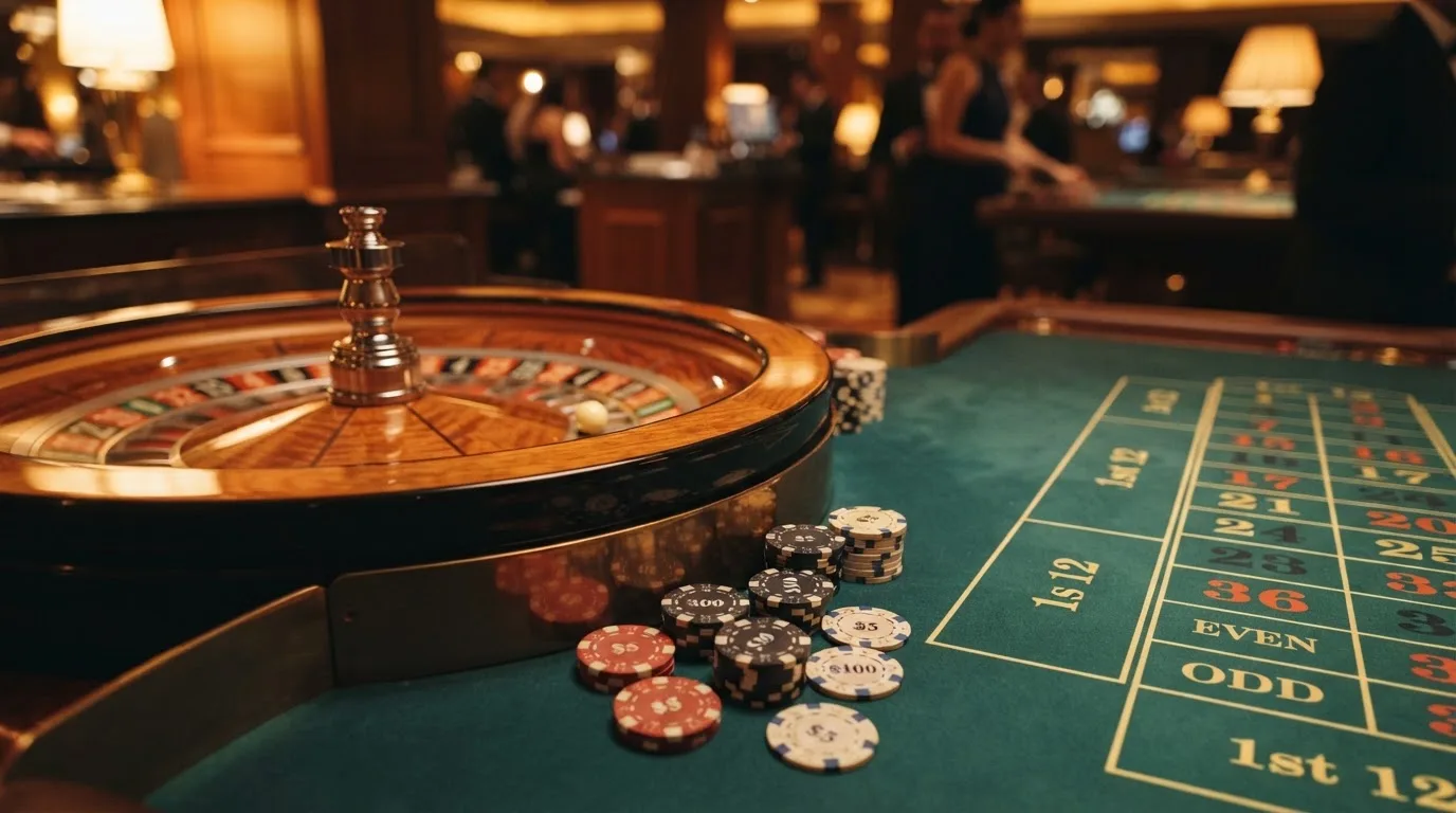 Roulettehjul og spillemærker på grønt filt i varmt aftenlys — casino med högst rtp
