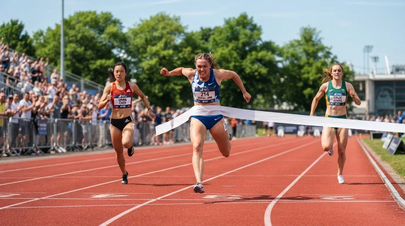 Tre løbere krydser målstregen med forskellig tid på en atletikbane i dagslys, set fra siden.