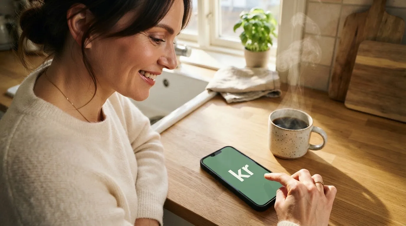 Kvinde smiler og trykker på sin mobil i et dagligt køkkenmiljø med en kop kaffe i morgenlys.