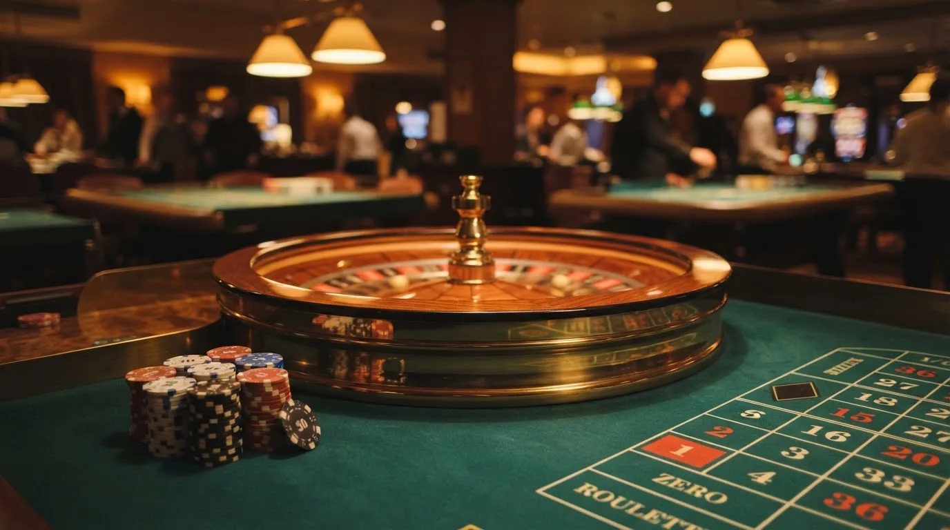 Roulettehjul og spillemærker på grønt filt i varmt aftenlys — casino på mobilen i danmark