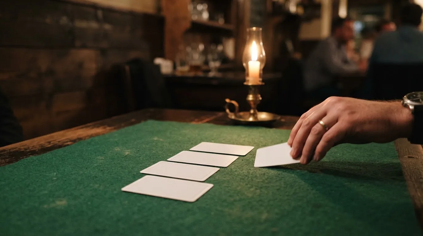Hænder deler kort ud på et grønt filtbord i et hyggeligt rum, med et stearinlys i baggrunden.