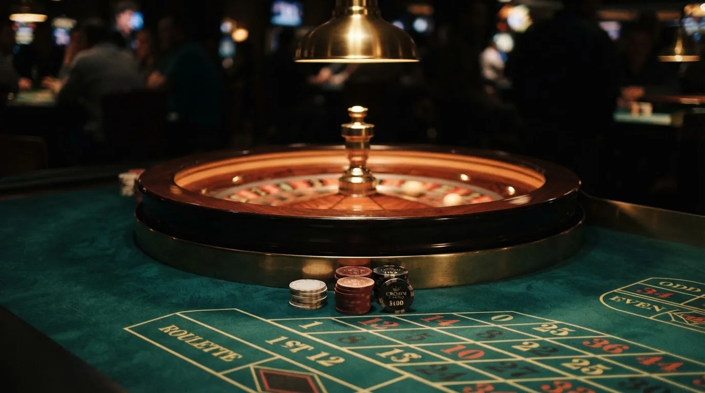 Roulettehjul og spillemærker på grønt filt i varmt aftenlys — casino uden dansk licens