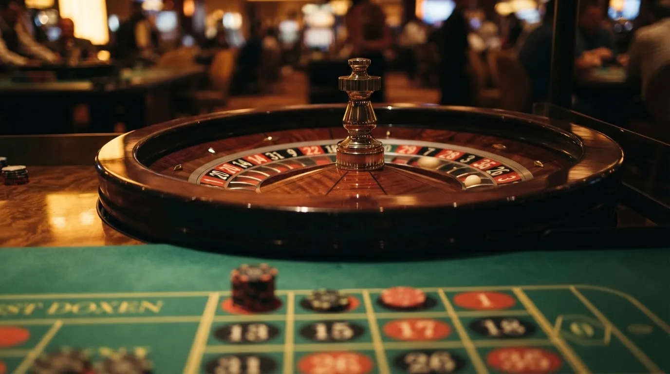 Roulettehjul og spillemærker på grønt filt i varmt aftenlys — dansk live roulette