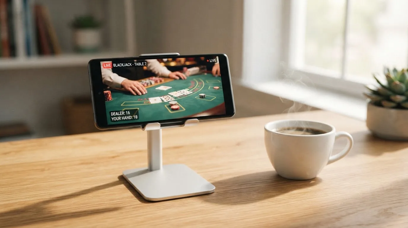 En smartphone på et stativ viser en uskarp videostream af et spillebord, mens en kaffekop står ved siden af på et skrivebord.