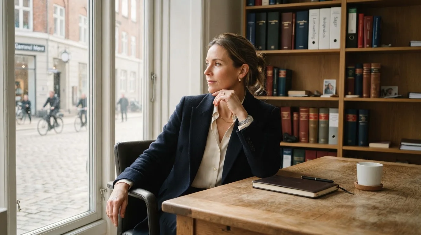 Jurist sidder ved et skrivebord i et lyst københavnsk kontor med reol, kaffekop og store vinduer og kigger eftertænksomt ud.