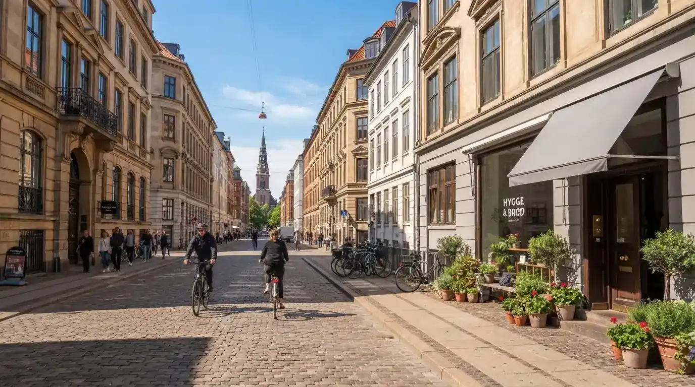 Københavnsk gade med klassiske sandstensbygninger og cyklister i klart vejr, set fra fortovet.