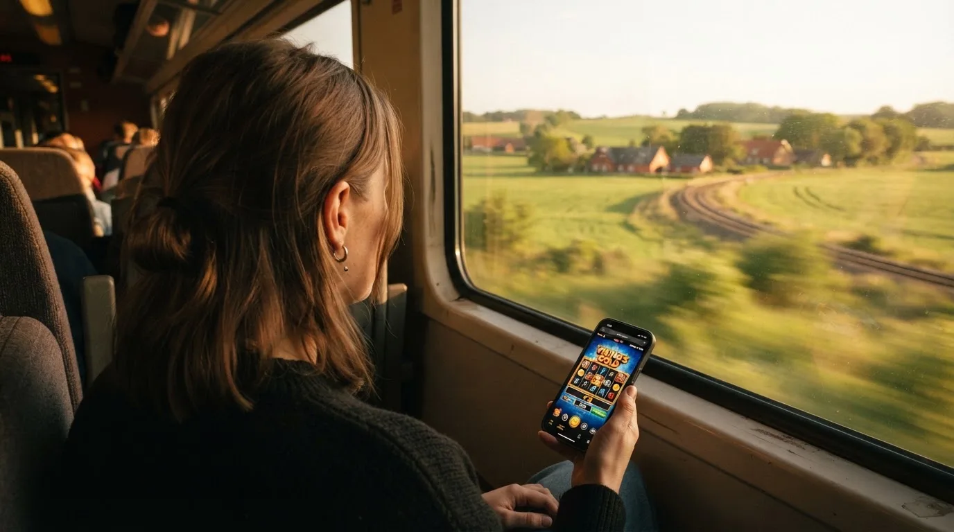 Kvinde på toget ser ud ad vinduet med mobilen i hånden, mens landskabet suser forbi i eftermiddagslys.
